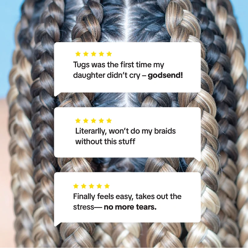 Close-up of braided hair with five-star rating of TUGS text overlay on a blue background