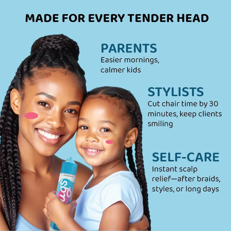 Mother and daughter with Tugs serum, made for every tender head: easier mornings for parents, kids and stylists