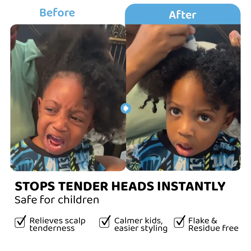 Before and after using Tugs tender-head serum on a child — crying during detangling, then calm and tear-free