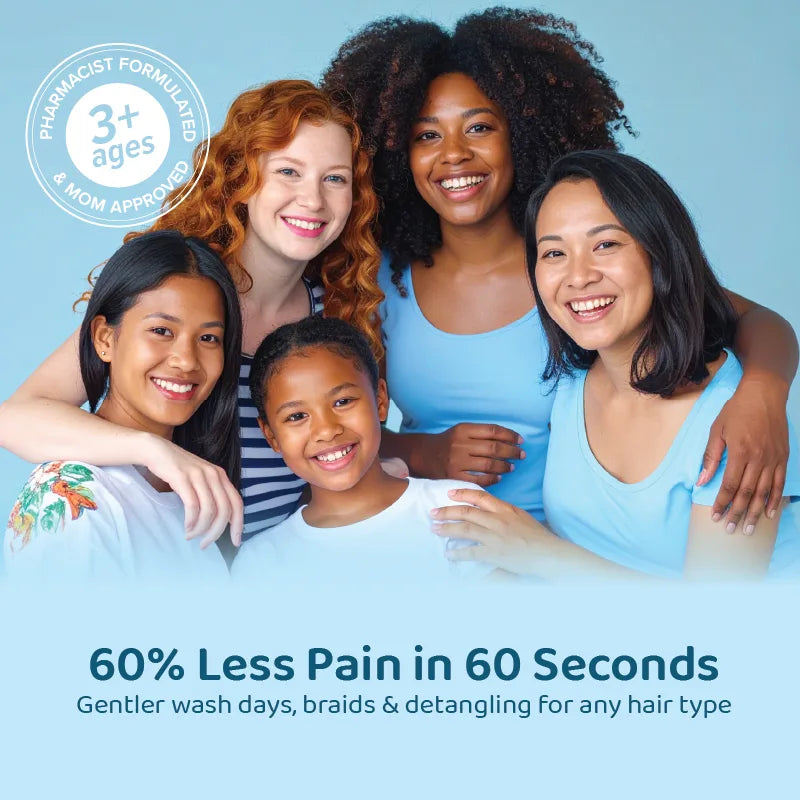 Family holding Tugs tender-head serum — 60% less pain in 60 seconds for gentler, tear-free styling